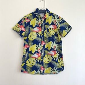 DITCH PLAINS BY RICKY SINGH Mens Blue Floral Flamingo Hawaiian Button Down Shirt